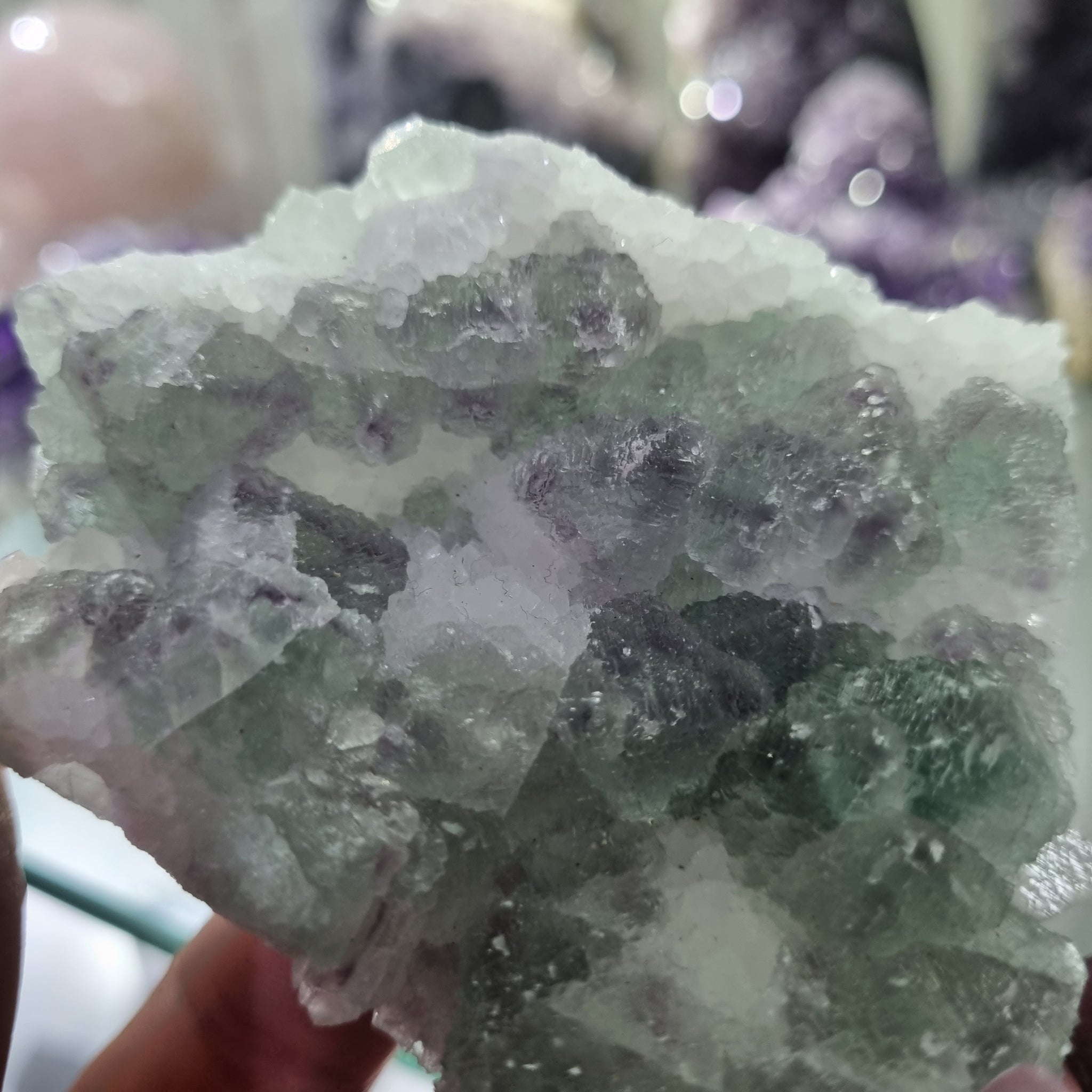 Green Fluorite With Purple Phantoms on Quartz Specimen